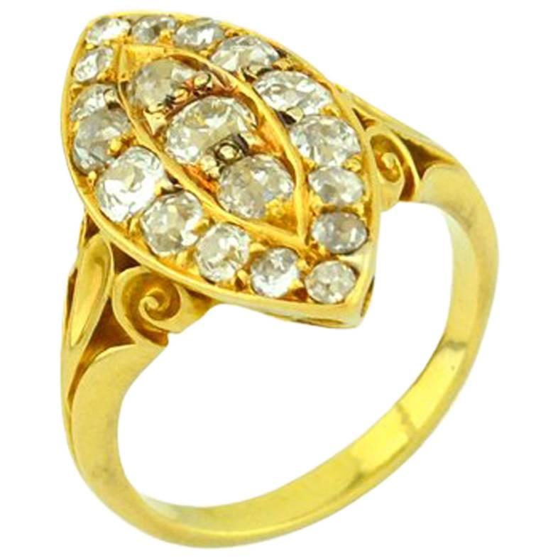 Victorian Old European Cut Diamond Navette 18 Karat Yellow Gold Engagement Ring For Sale