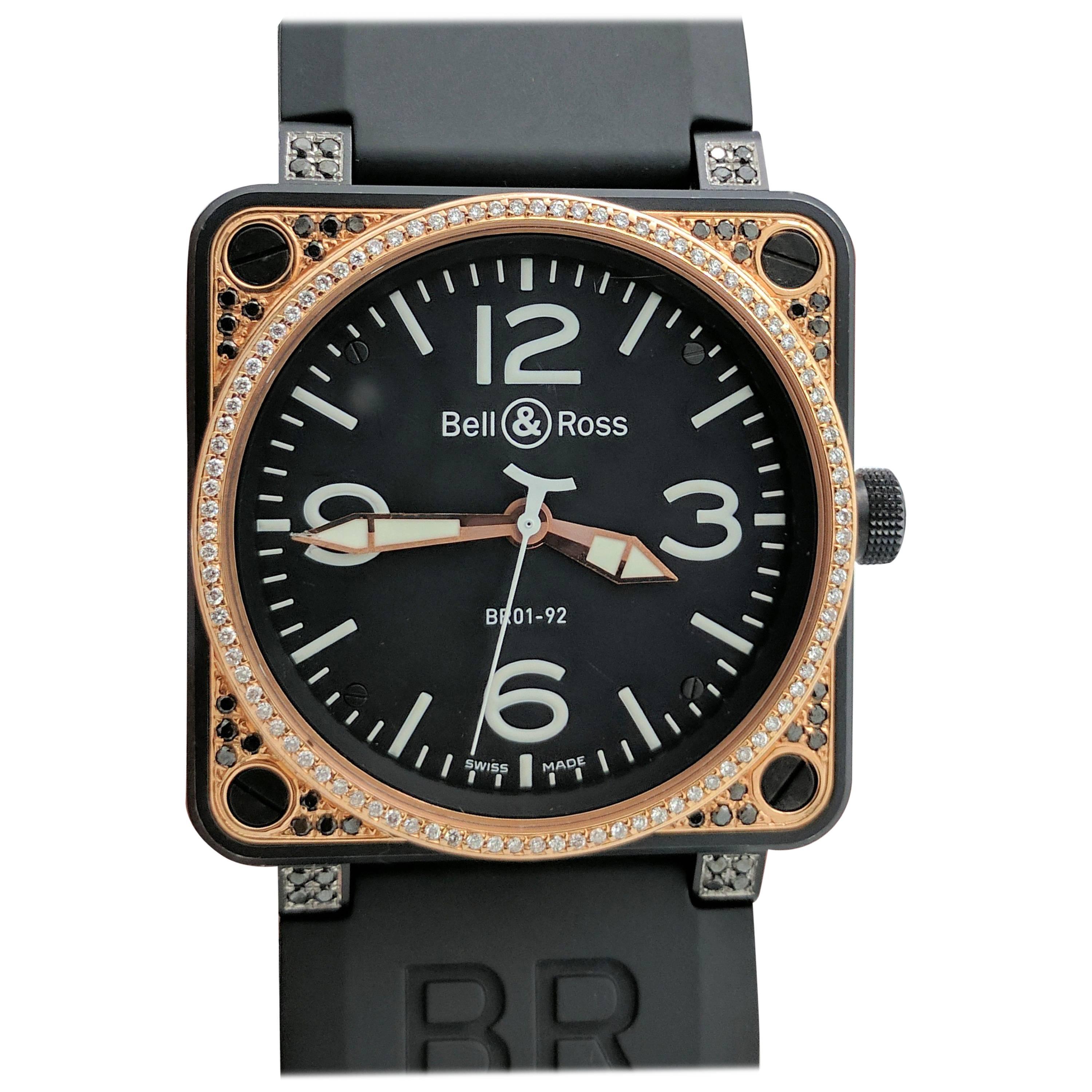 Bell & Ross Rose Gold Black Stainless Steel Diamond Automatic Wristwatch