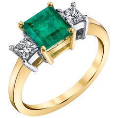 1.38 Carat Emerald and Diamond 3-Stone Engagement Ring in White and Yellow Gold