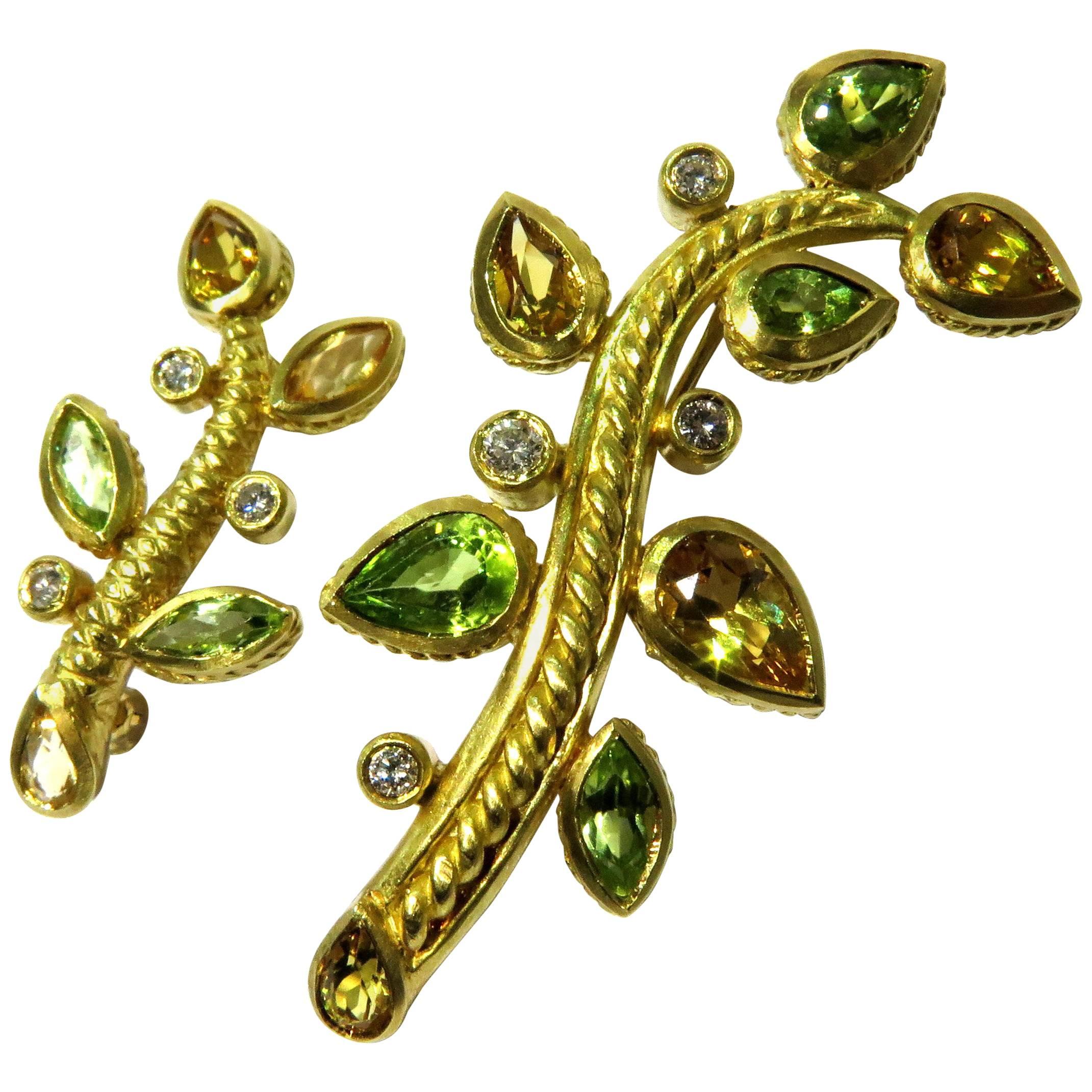 Pair of Judith Ripka Yellow Beryl Peridot Diamond Gold Branch Pins For Sale