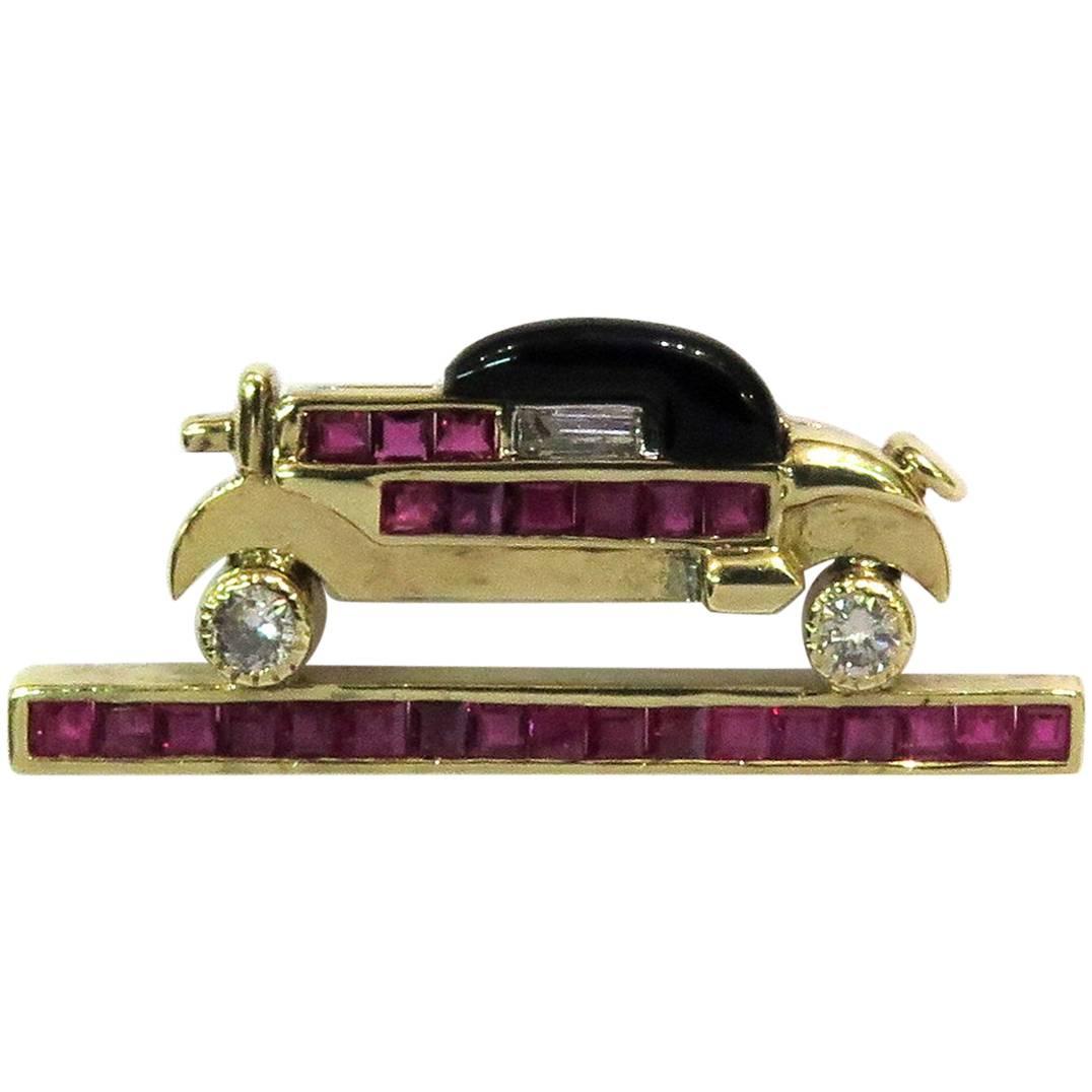 Stunning Diamond Ruby Onyx Gold Classic Car Pin For Sale