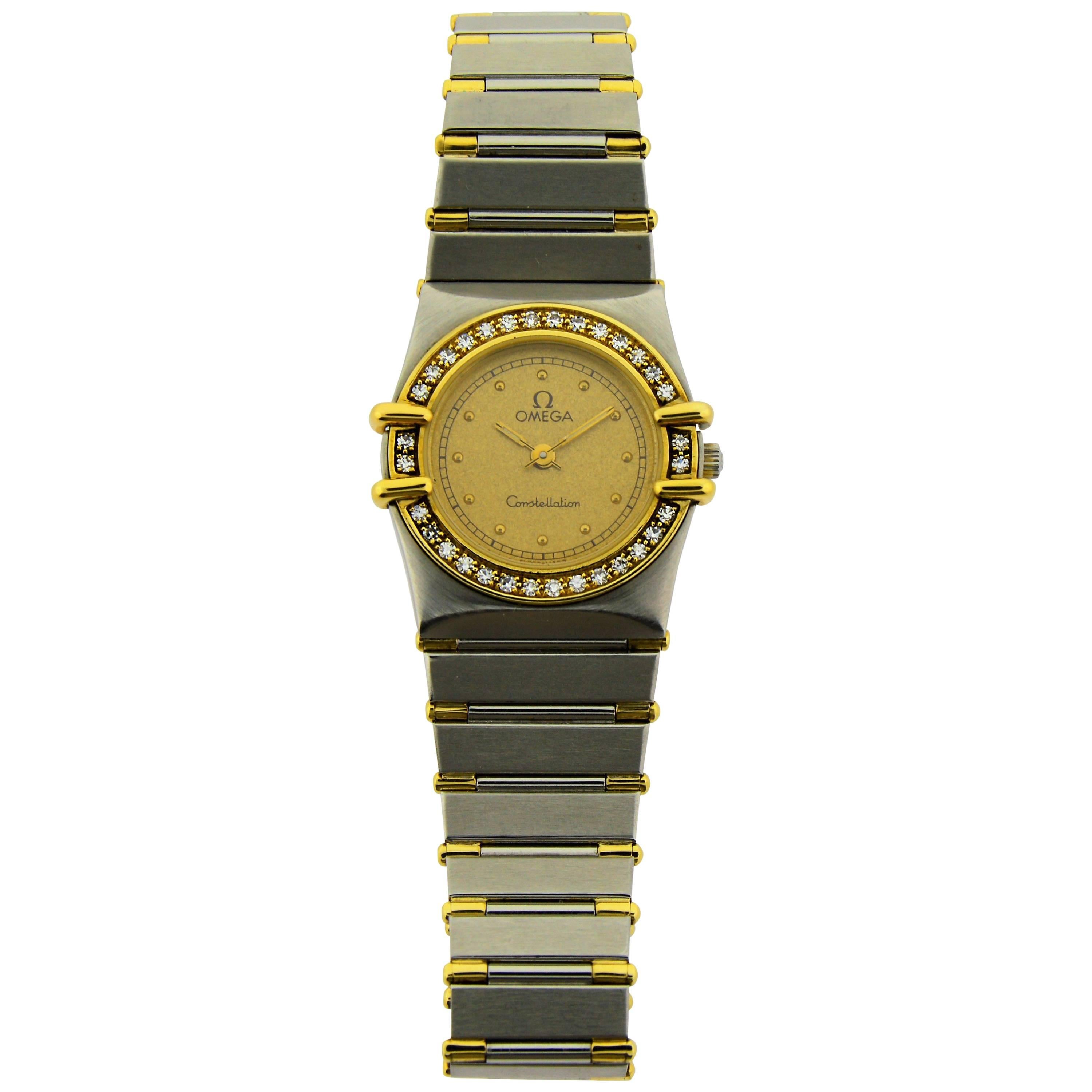Omega Ladies Yellow Gold Stainless Steel Diamond Constellation Quartz Watch
