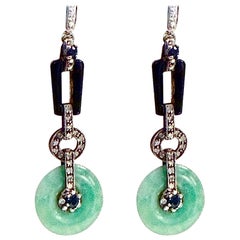 Extremely elegant Art Deco jade, diamond and blue sapphire long earrings