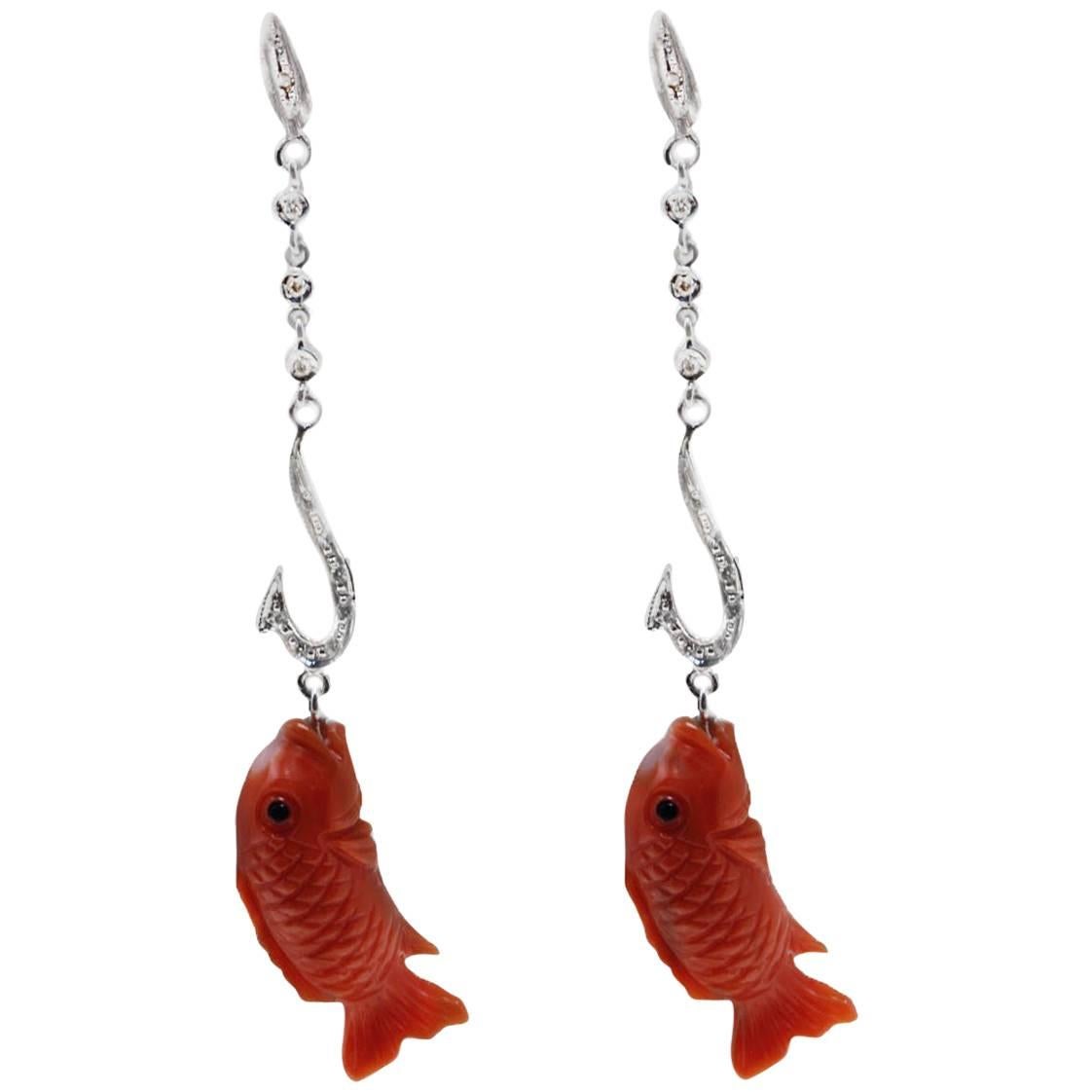  Diamond and Coral Dangle Gold Earrings