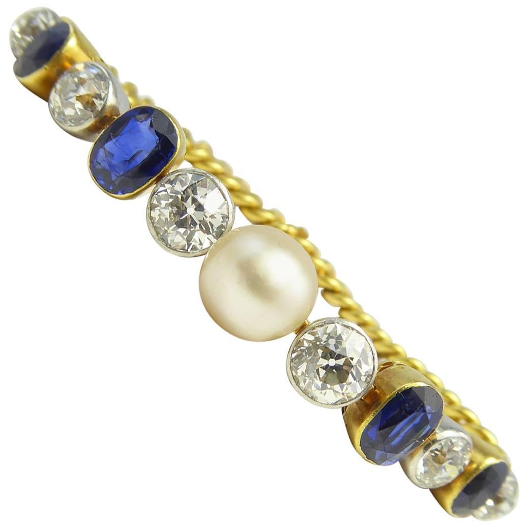  Art Deco Diamond, Sapphire & Natural Pearl Line Bracelet, 18Ct Gold & Platinum