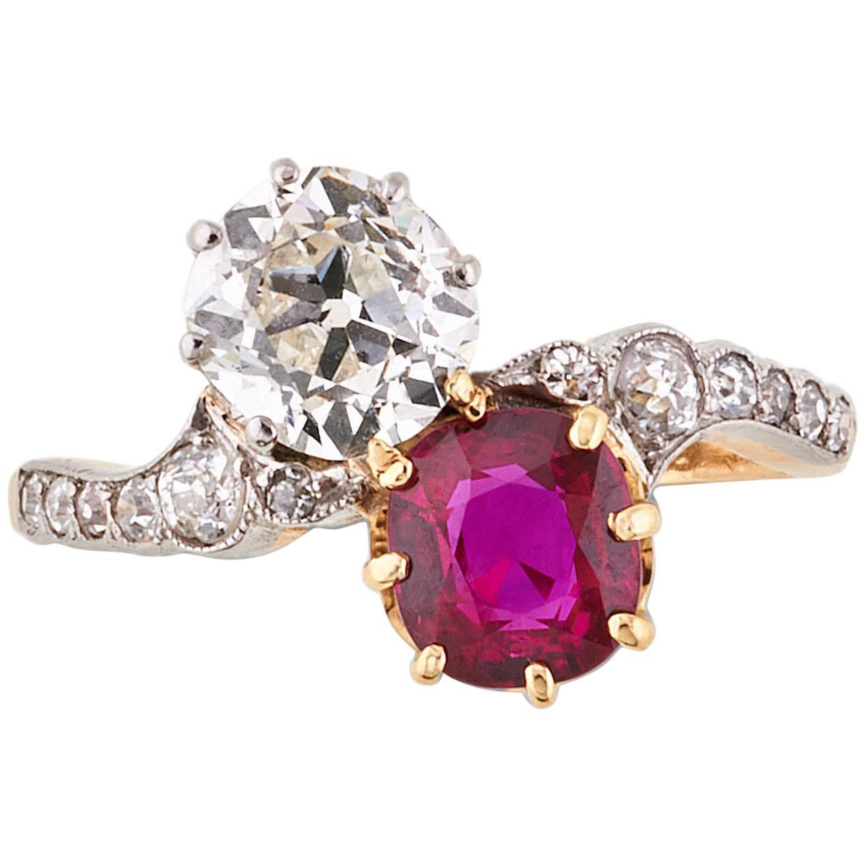 Fine Antique Burmese Ruby and Diamond Crossover Ring