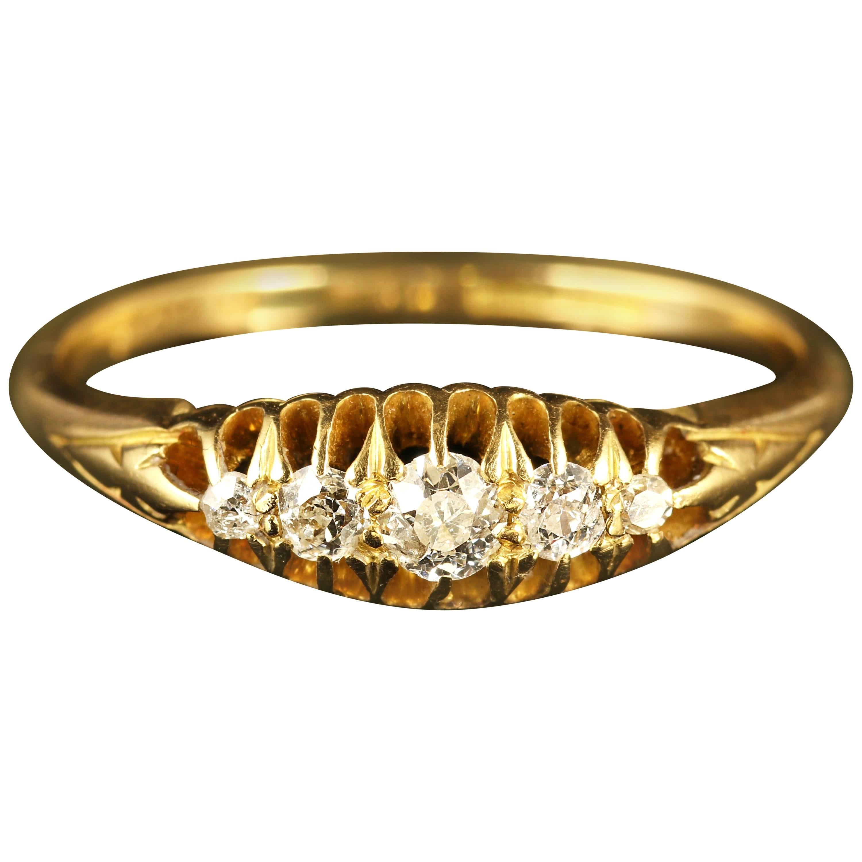 Victorian Five-Stone Old Cushion Cut 18 Carat Yellow Gold Ring
