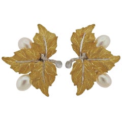 Buccellati Gold Pearl Leaf Earrings