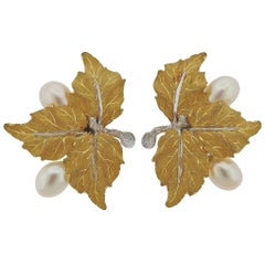 Buccellati Gold Pearl Leaf Earrings