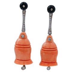 Coral, Black Agate, Diamonds, Platinum Earrings.