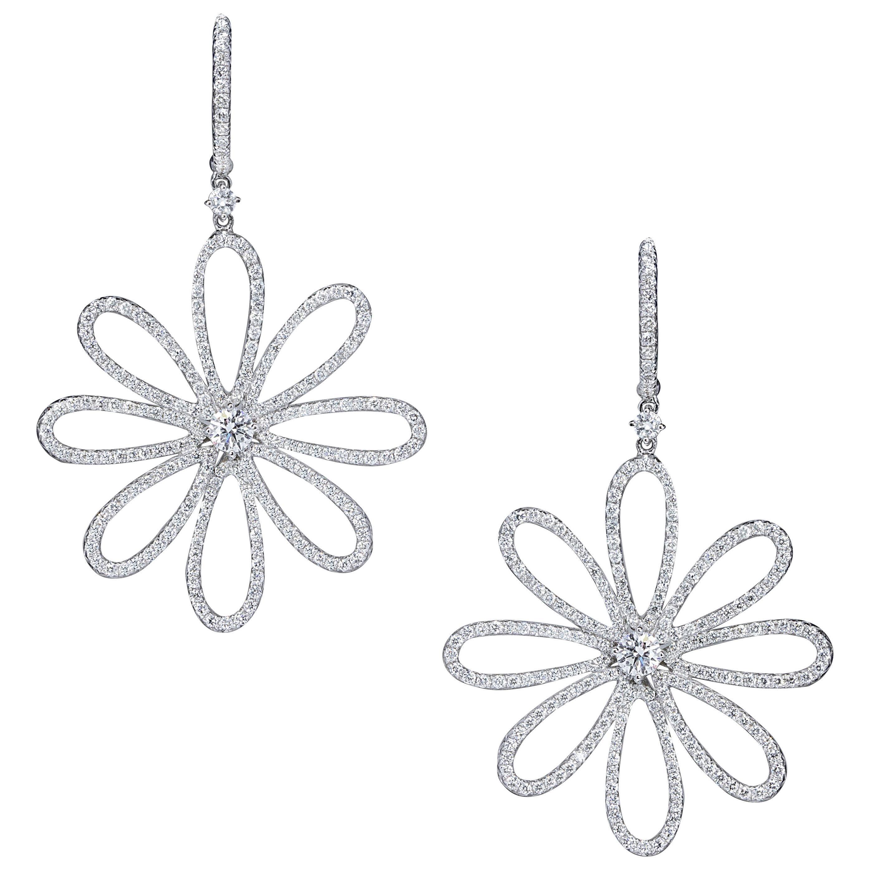 Roman Malakov 2.38 Carats Total Round Brilliant Diamond Flower Dangle Earrings For Sale