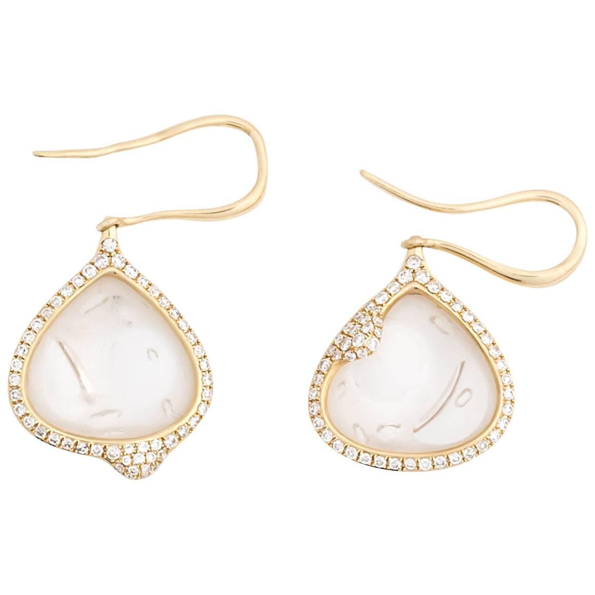 Diamond and Bubble Glass Dangle Drop Gold Earrings