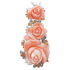 Coral, Multicolor Sapphires, Diamonds, Pearls, 14 Kt White Gold Pendant.