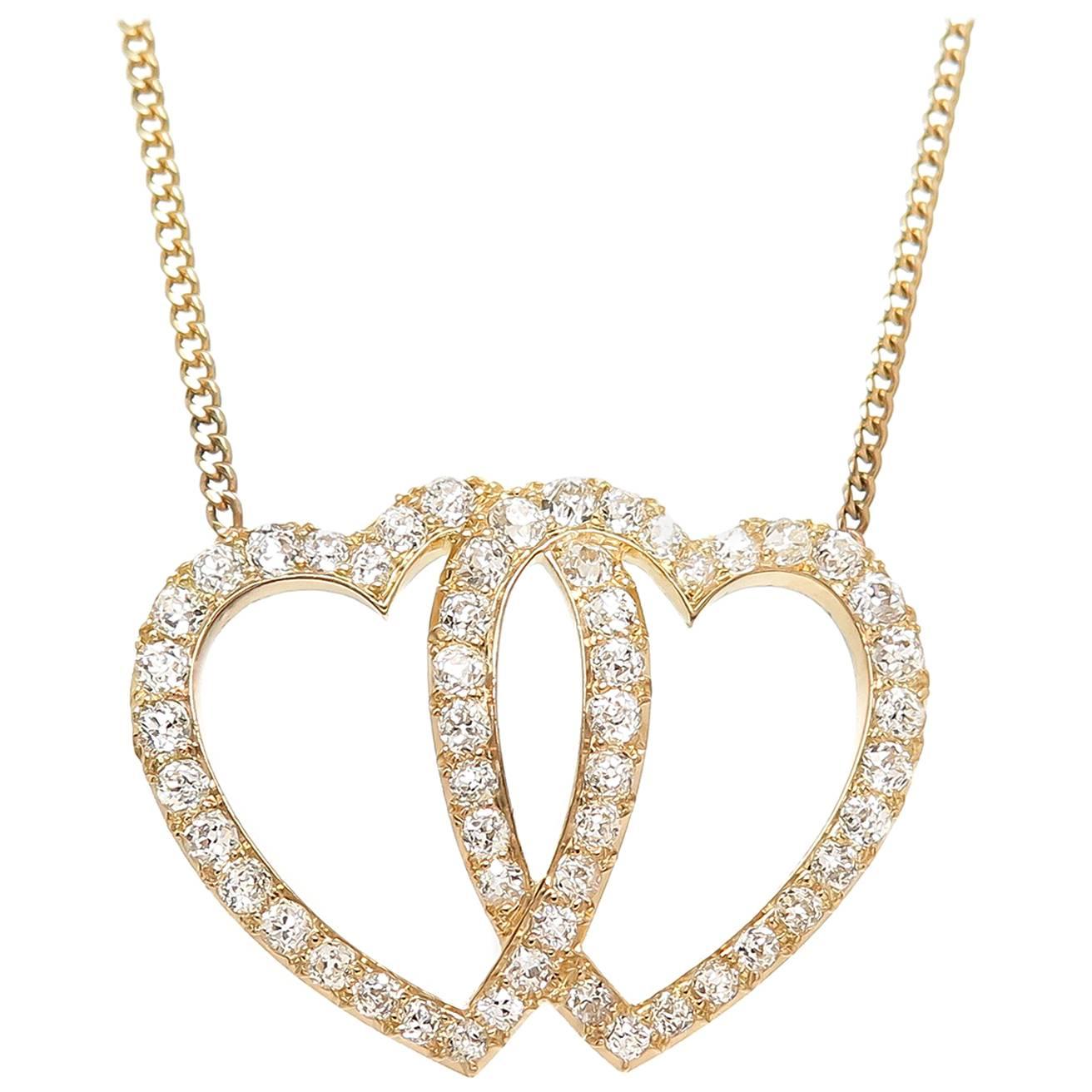 Victorian Gold and Diamond Double Heart Pendant Necklace