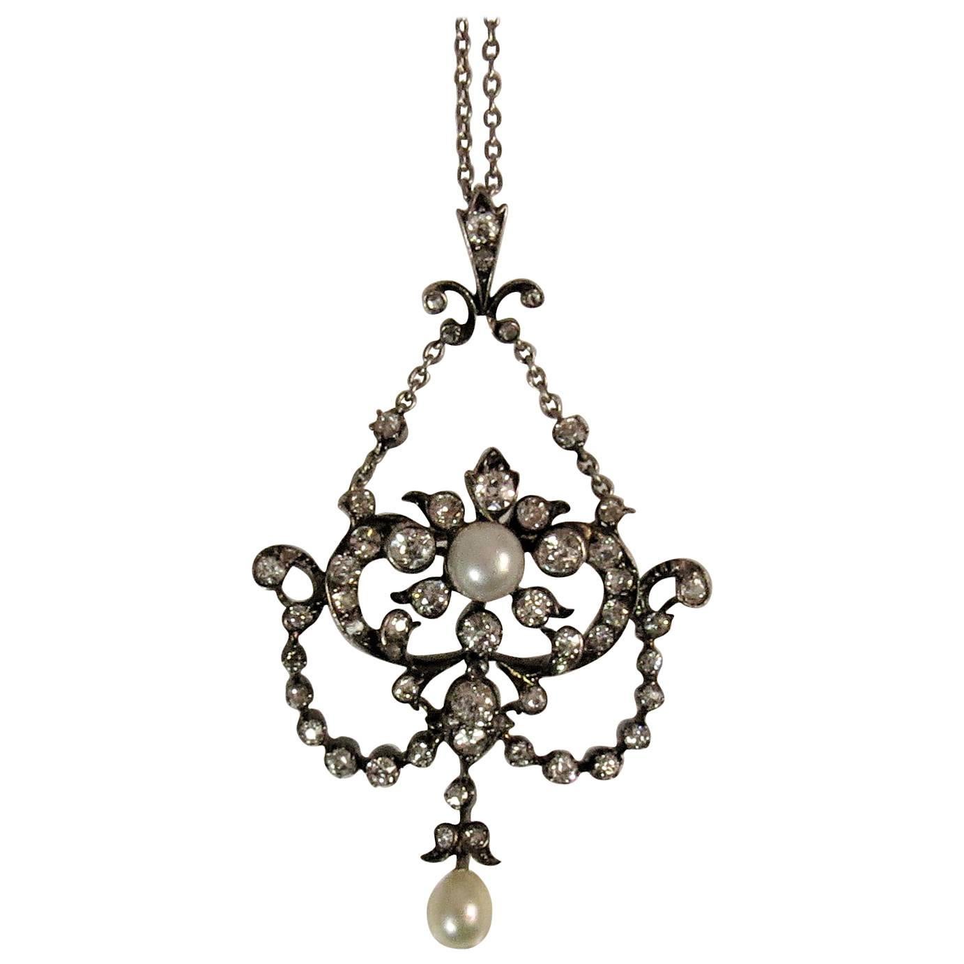 Edwardian Pendant, Silver over Gold with Pearl and Diamond on Platinum Chain For Sale