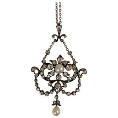 Antique Edwardian Pendant, Silver over Gold with Pearl and Diamond on Platinum Chain