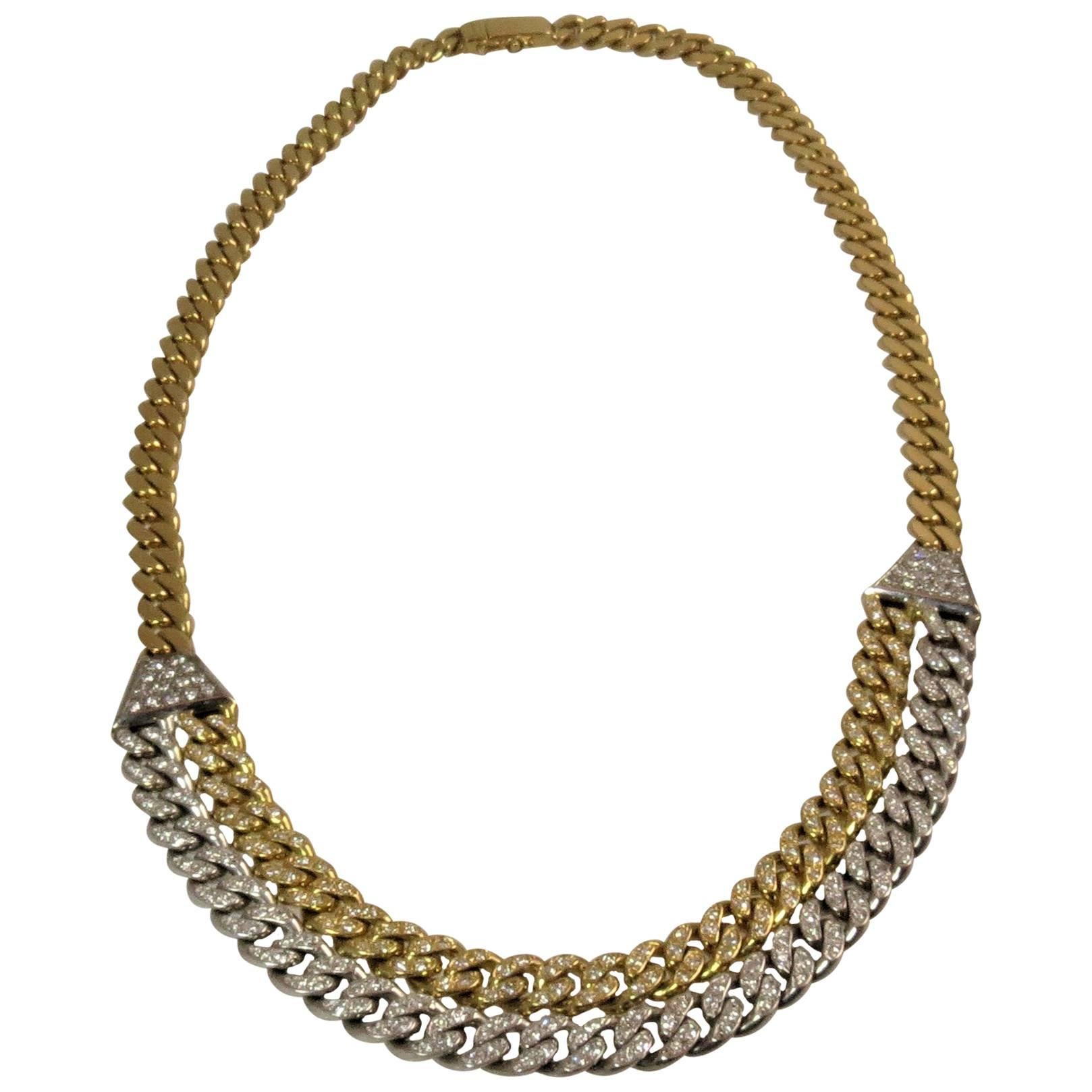 18 Karat Yellow Gold and White Gold Diamond Curb Link Necklace For Sale