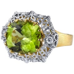 5.70 Carat Peridot and Diamond Florentine Inspired Cocktail Ring in White Gold