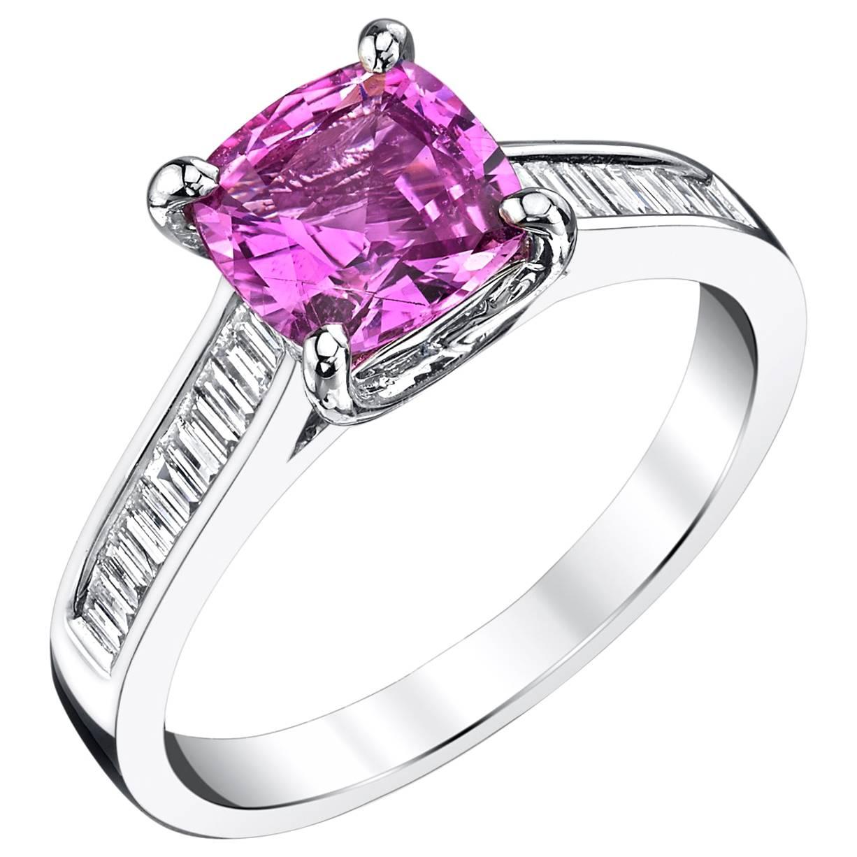 1.78 Carat Pink Sapphire and Diamond Baguette Engagement Ring in 18k White Gold 