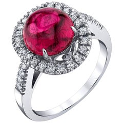 3.55 Carat Pink Tourmaline Cabochon, Diamond Halo & 18k White Gold Cocktail Ring