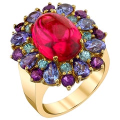 Pink Tourmaline Tanzanite Blue Zircon Amethyst  Cocktail Ring