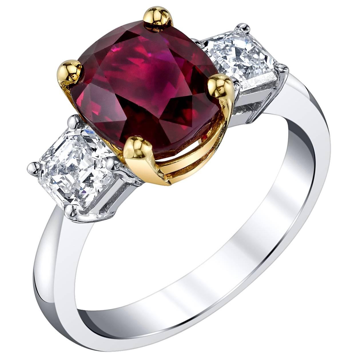 GIA Certified 4.00 Carat Pigeon's Blood Burmese Ruby and Diamond 3-Stone Ring For Sale