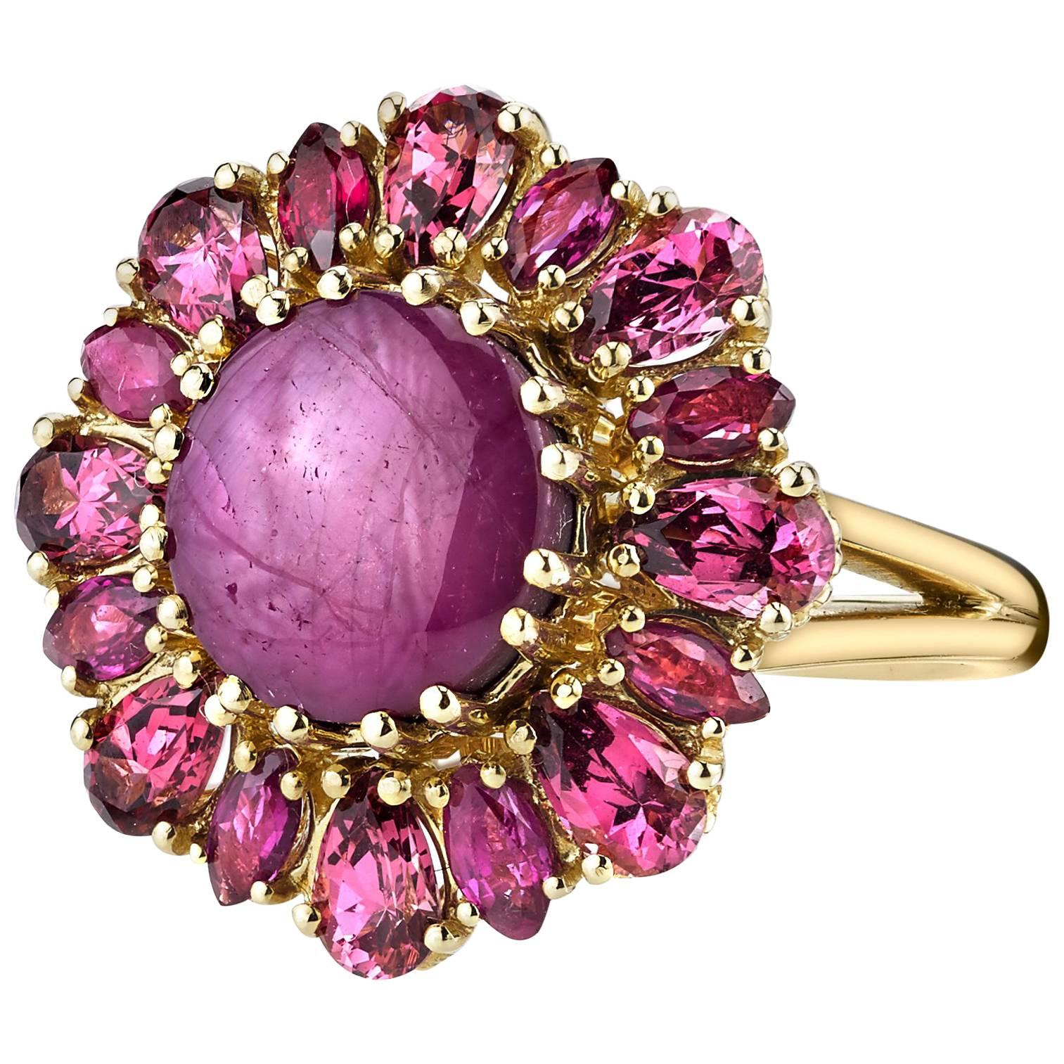 5.83 Carat Star Ruby and Pink Rose Garnet Starburst Cocktail Ring in Yellow Gold