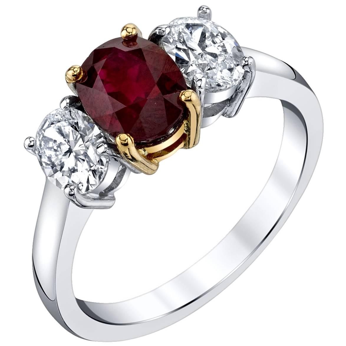 1.68 Carat Burmese Ruby and Diamond 3-Stone Engagement Ring in 18k Gold For Sale