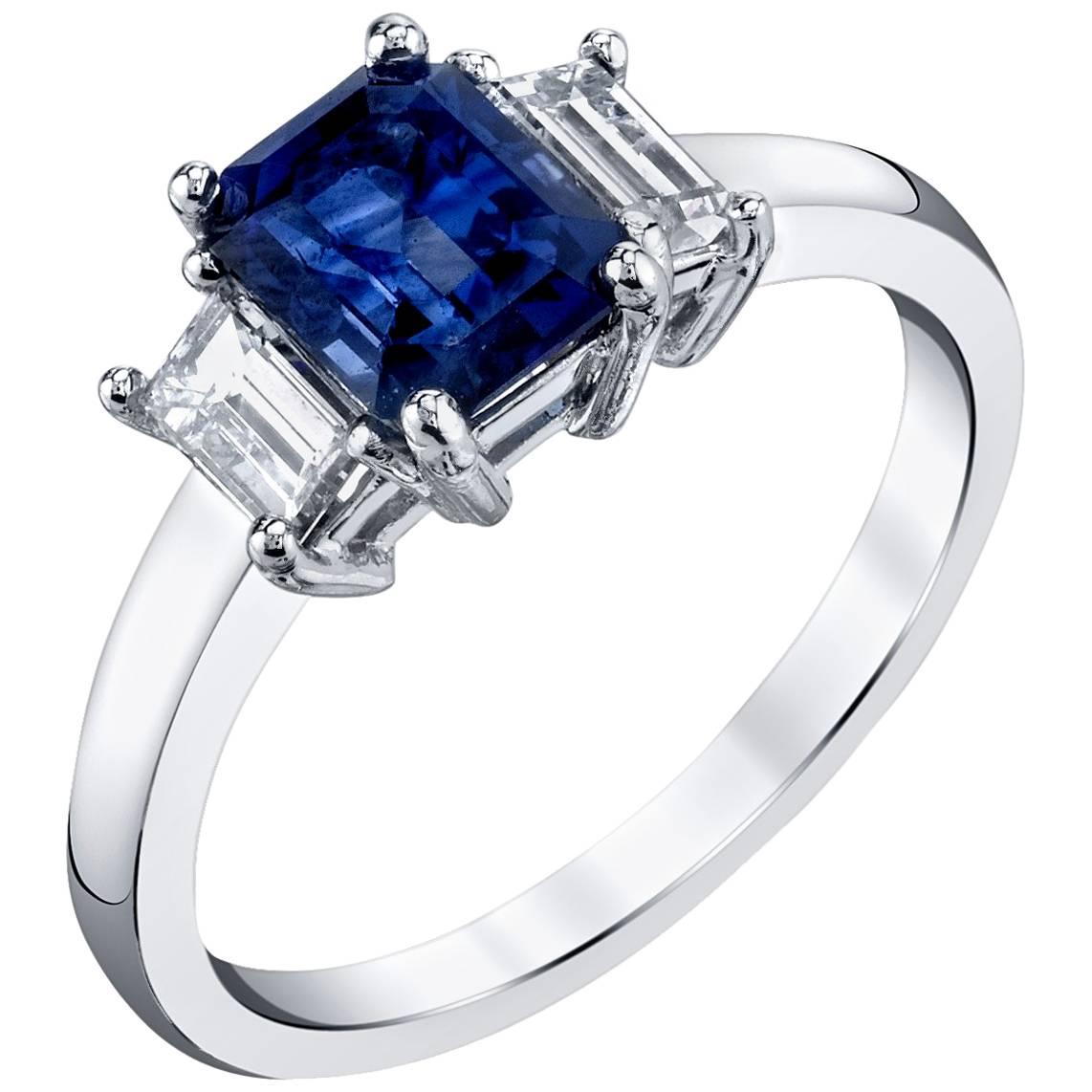 1.49 Carat Emerald Cut Sapphire and Diamond Baguette Ring 18k White Gold