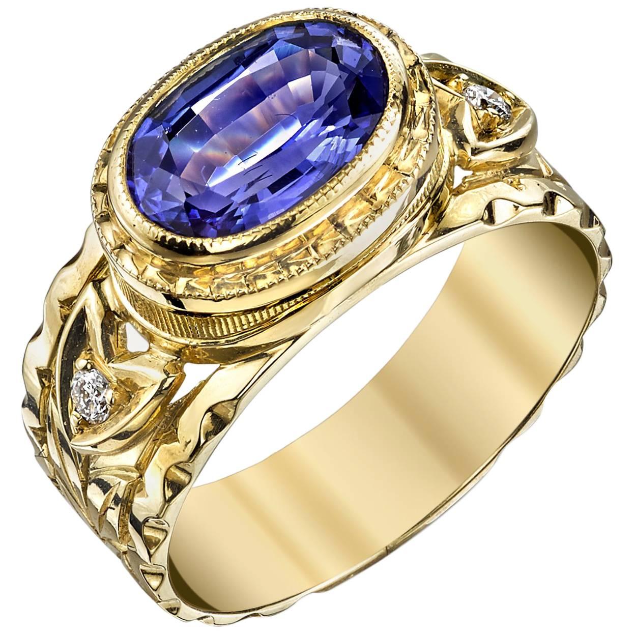 1.64 Carat Tanzanite and Diamond Ring 18k Yellow Gold 