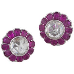 1950s Pair of Diamond and Ruby White Gold Cluster Stud Earrings 1