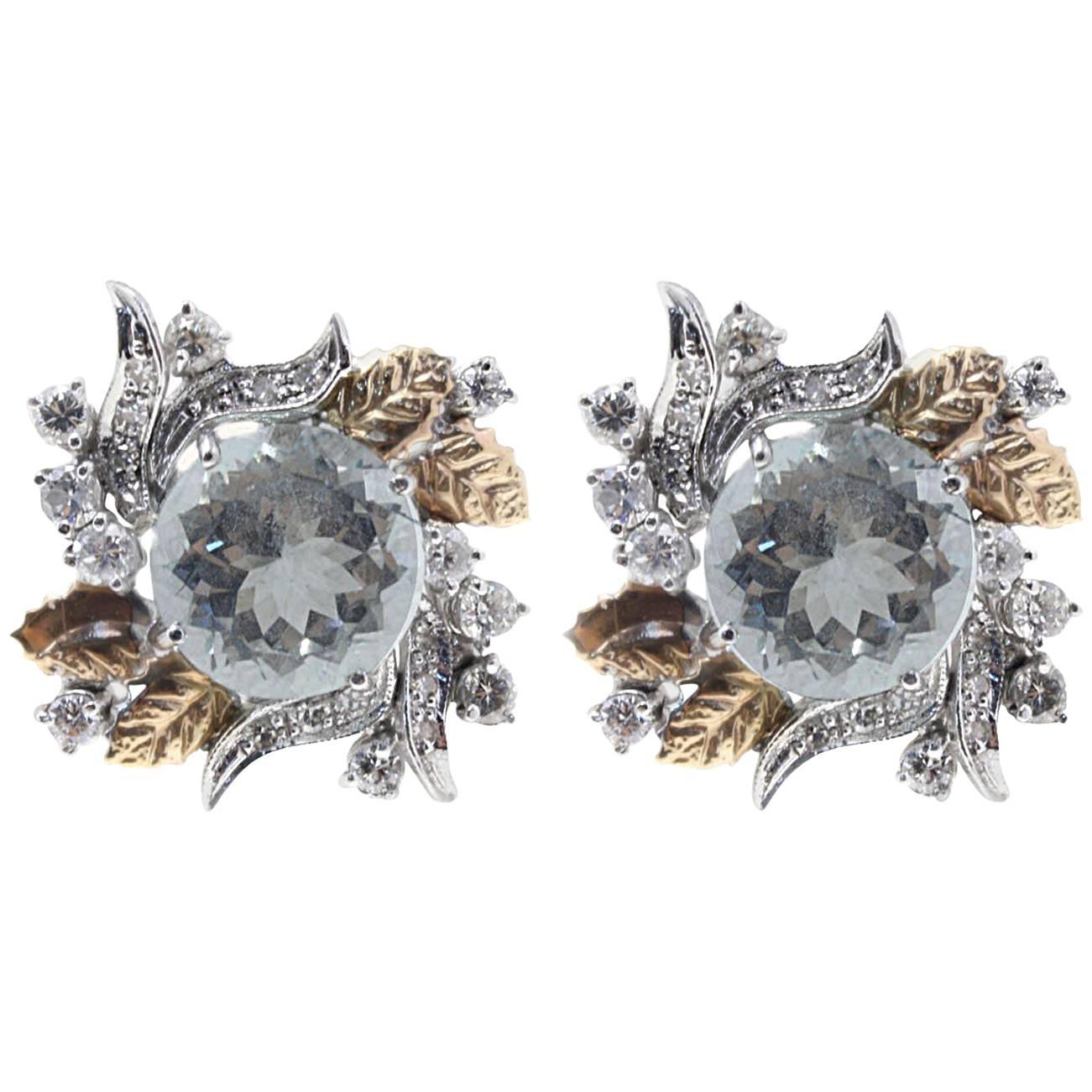  Diamond and Aquamarine Stud Gold Earrings