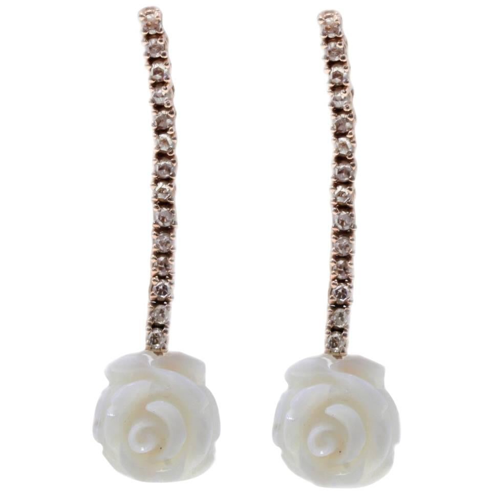 White Coral Roses, Diamonds, Rose Gold Dangle Earrings