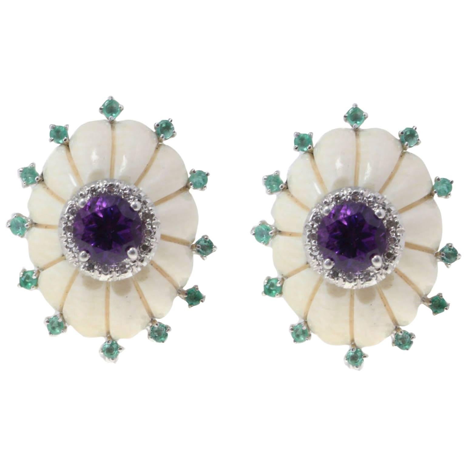 Luise Bone Emerald Diamond Amethyst Stud Earrings