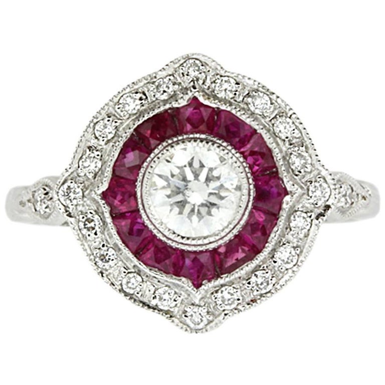 Antique-Inspired Diamond and Ruby Target Ring For Sale at 1stdibs