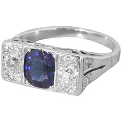 Vintage Art Deco Natural Sapphire and Old Cut Diamond Trilogy Ring