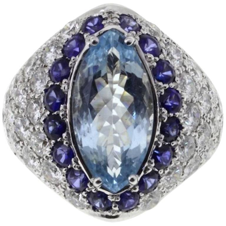  Gold Diamond Sapphire Aquamarine Cocktail Ring