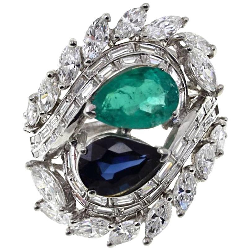 Emerald, Sapphire, Diamonds, Platinum Ring. For Sale