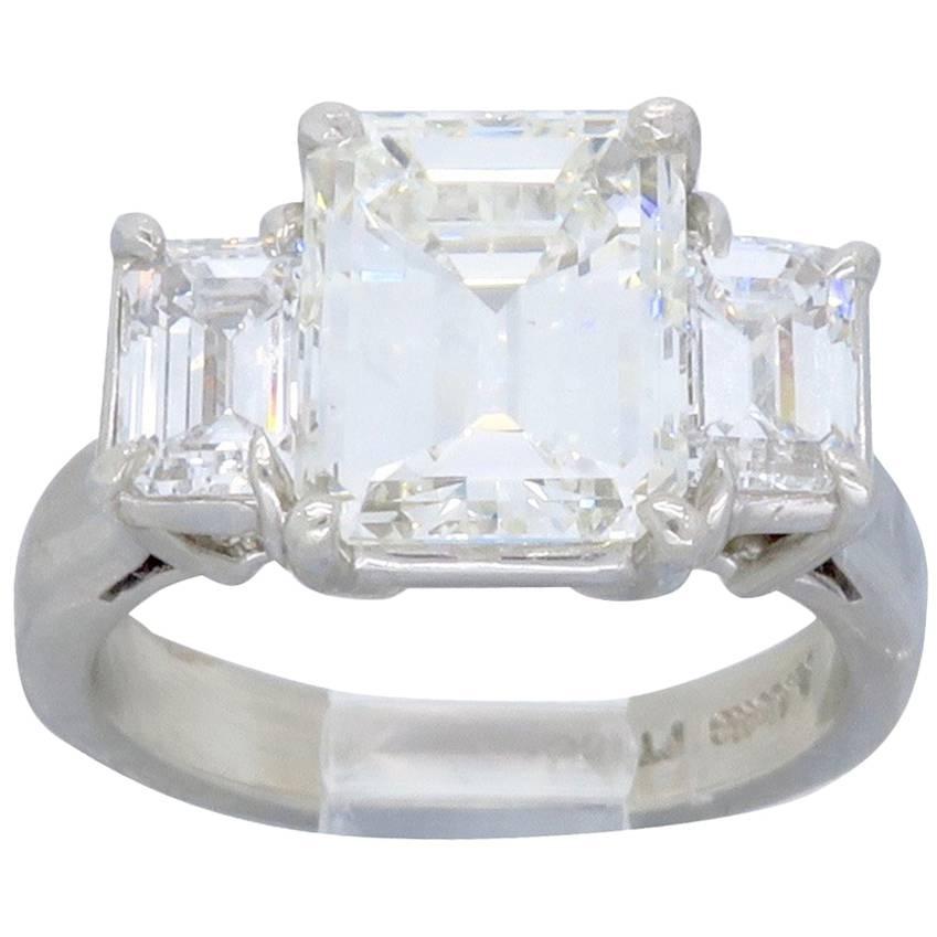 GIA Certified Three Stone 2.03 Carat Emerald Diamond Platinum Engagement Ring