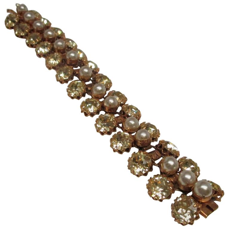 Schreiner Rhinestone Pearl Costume Bracelet at 1stdibs