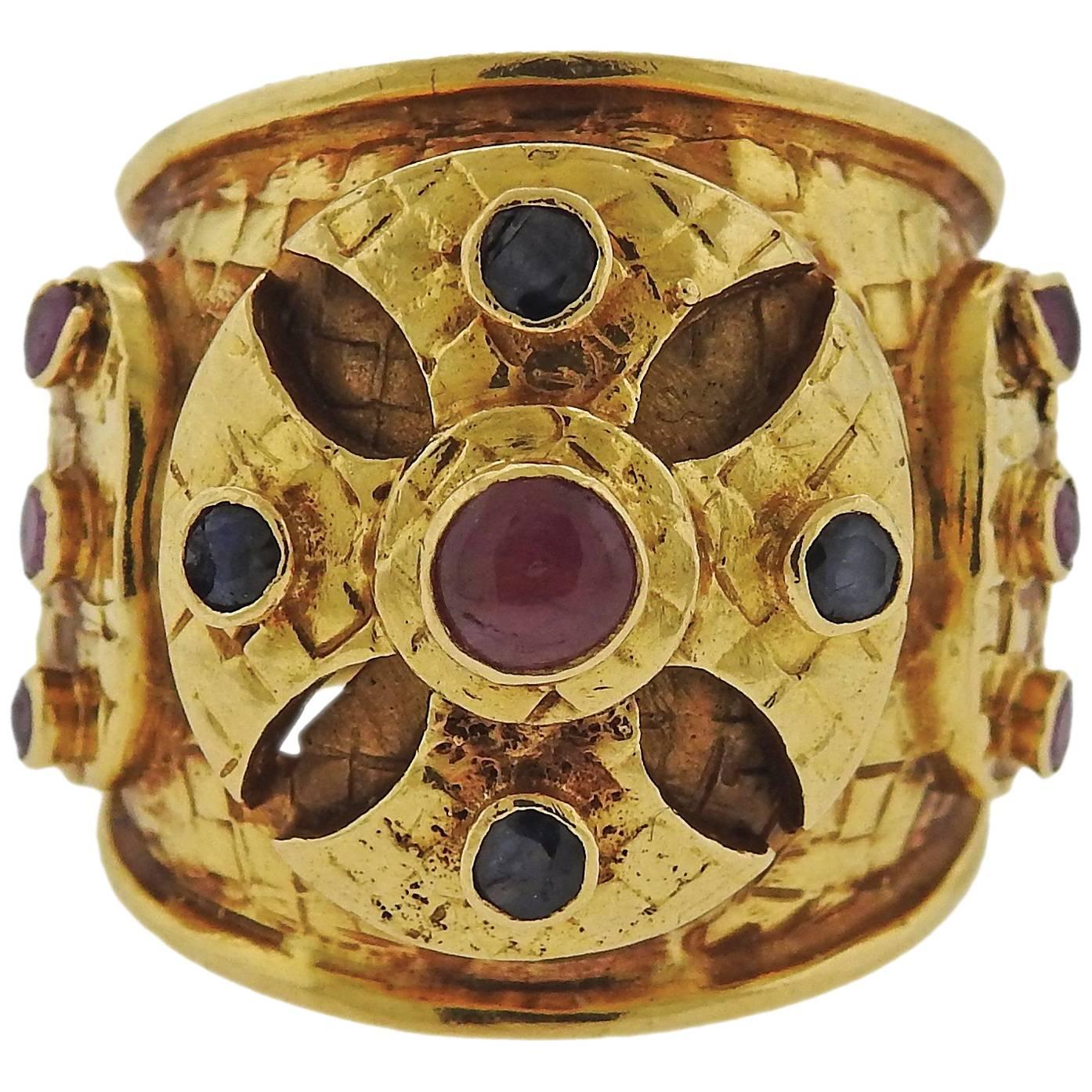Ilias Lalaounis Gold Ruby Sapphire Dome Band Ring
