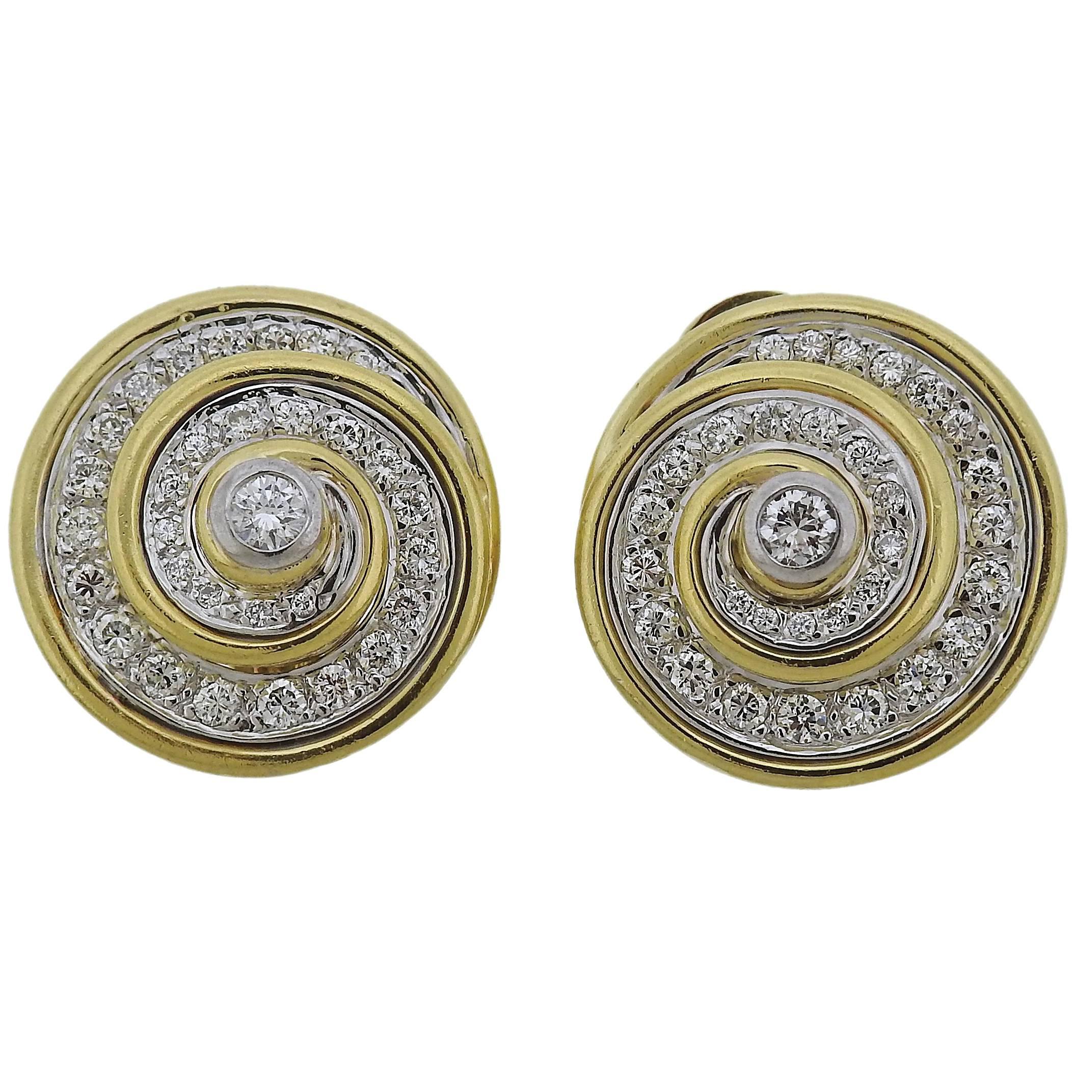 1980s Gold Diamond Swirl Earrings