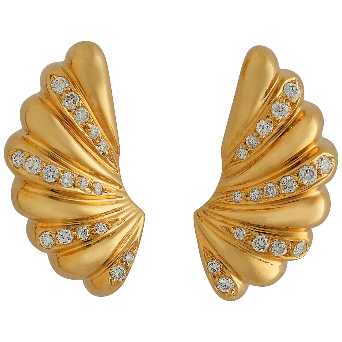 Diamond Gold Ribbed Earrings For Sale