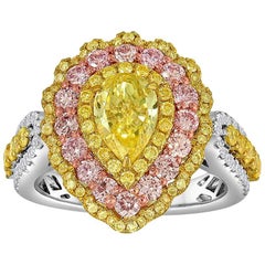GIA Certified Pearshape Intense Yellow Diamond Triple Halo Three Color Gold Ring