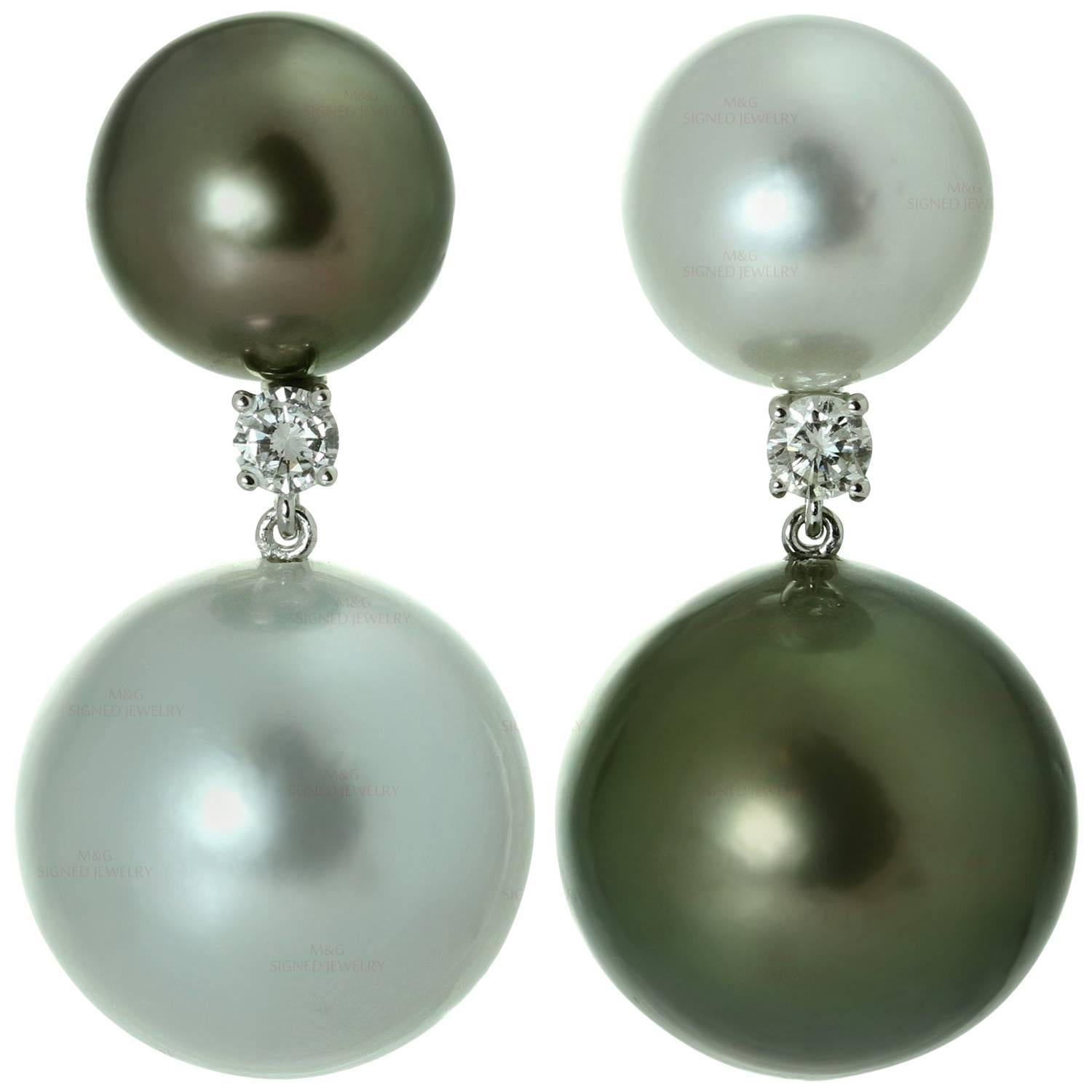 South Sea Tahitian Double Pearl Diamond White Gold Earrings