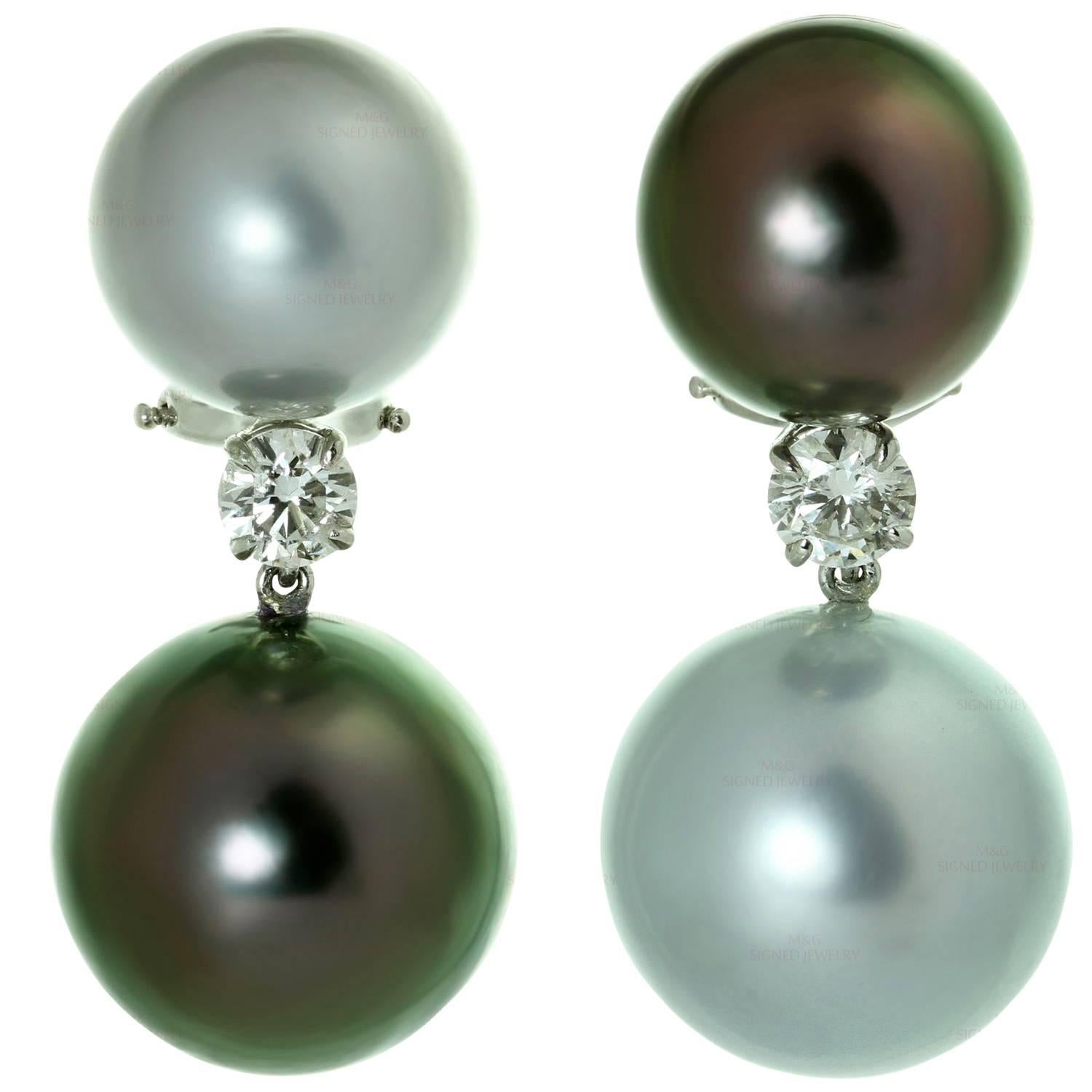 Tahitian Double Pearl Diamond White Gold Earrings