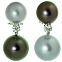Tahitian Double Pearl Diamond White Gold Earrings