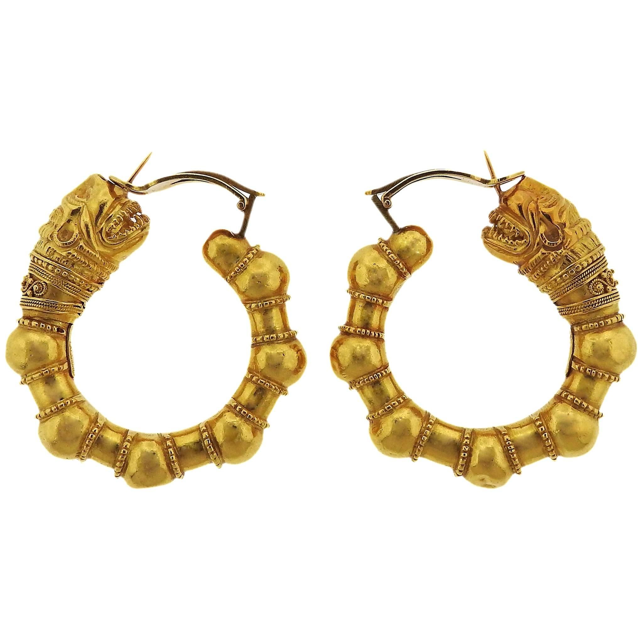 Large Lalaounis Gold Chimera Hoop Earrings