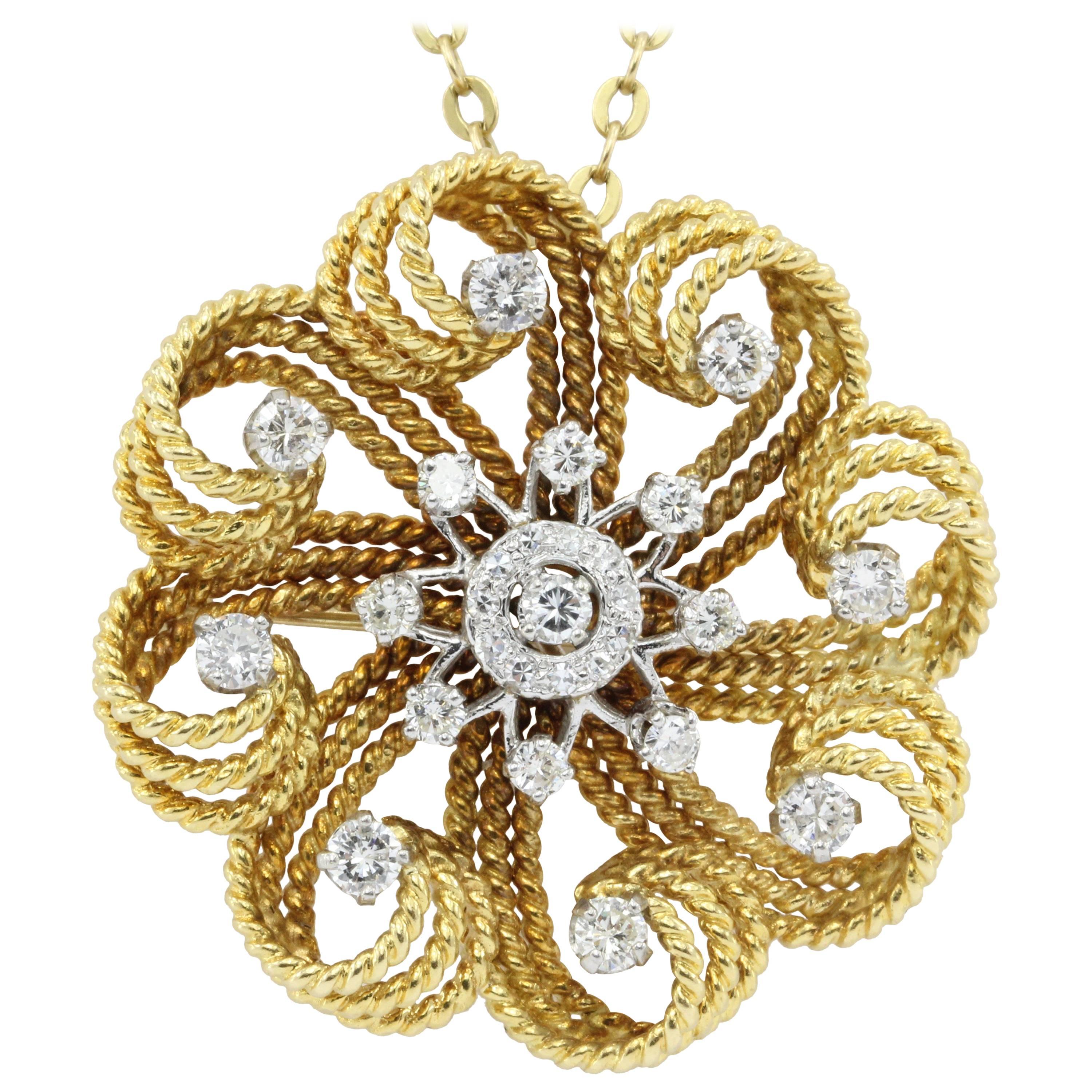Retro Yellow Gold Diamond Flower Swirl Pendant Necklace