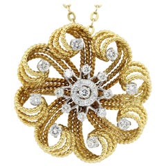 Retro Yellow Gold Diamond Flower Swirl Pendant Necklace 12